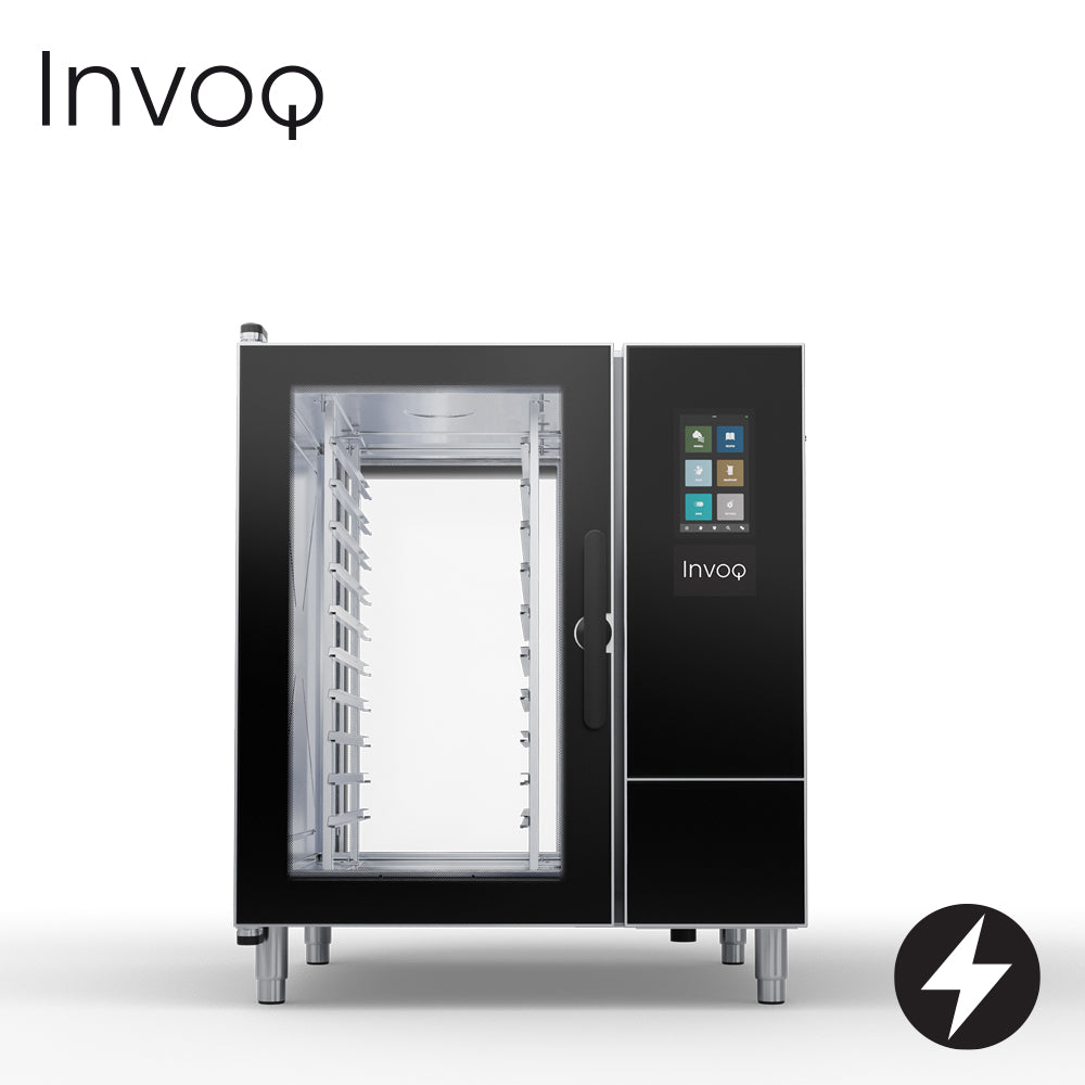 INVOQ Electric INVOQ HYBRID COMBI OVEN pass through, boiler with injection steam, 1/1 GN or optional 400x600 EN, 2-piece rack, 10 trays with 70 mm runners, 4.5 kg maximum food load per tray, 45 kg maximum food load per oven 10-1/1 GN PT