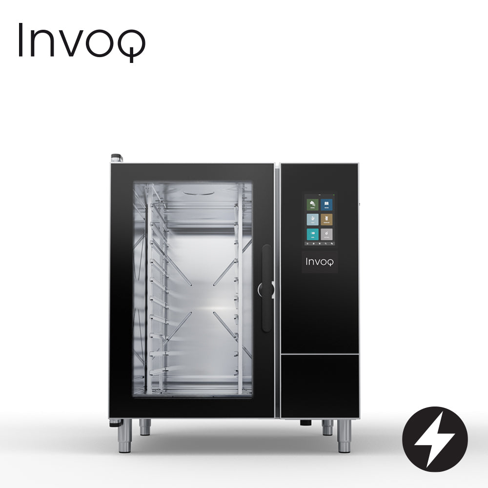 INVOQ Electric INVOQ HYBRID COMBI OVEN boiler with injection steam, 1/1 GN or optional 400x600 EN, 2-piece rack, 10 trays with 70 mm runners, 4.5 kg maximum food load per tray, 45 kg maximum food load per oven 10-1/1 GN