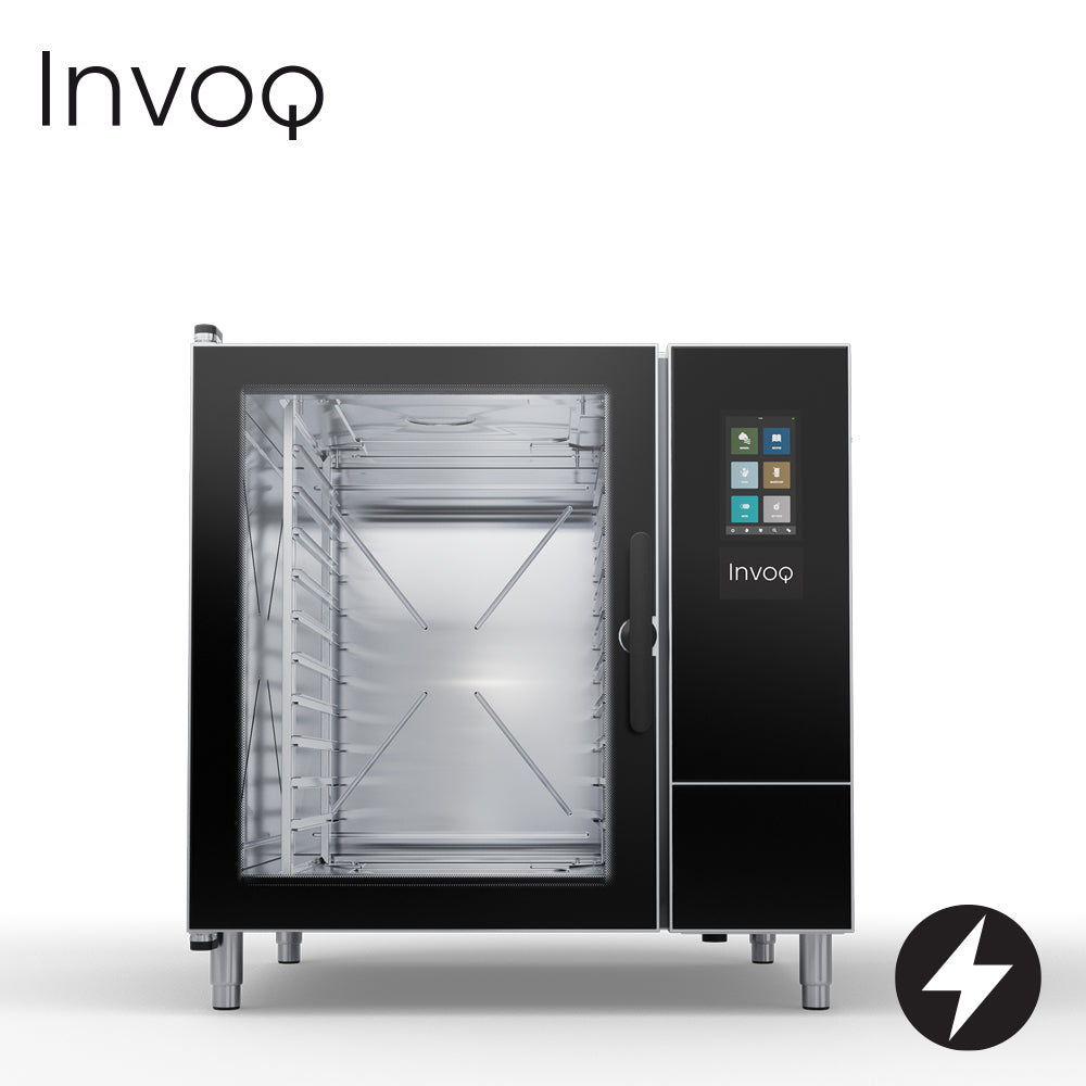 INVOQ Electric INVOQ HYBRID COMBI OVEN boiler with injection steam, 2/1 GN or 1/1 GN, 2-piece rack, 10 trays 2/1 GN or , 20 trays 1/1 GN with 70 mm runners, 9 kg maximum food load per tray, 90 kg maximum food load per oven 10-2/1 GN