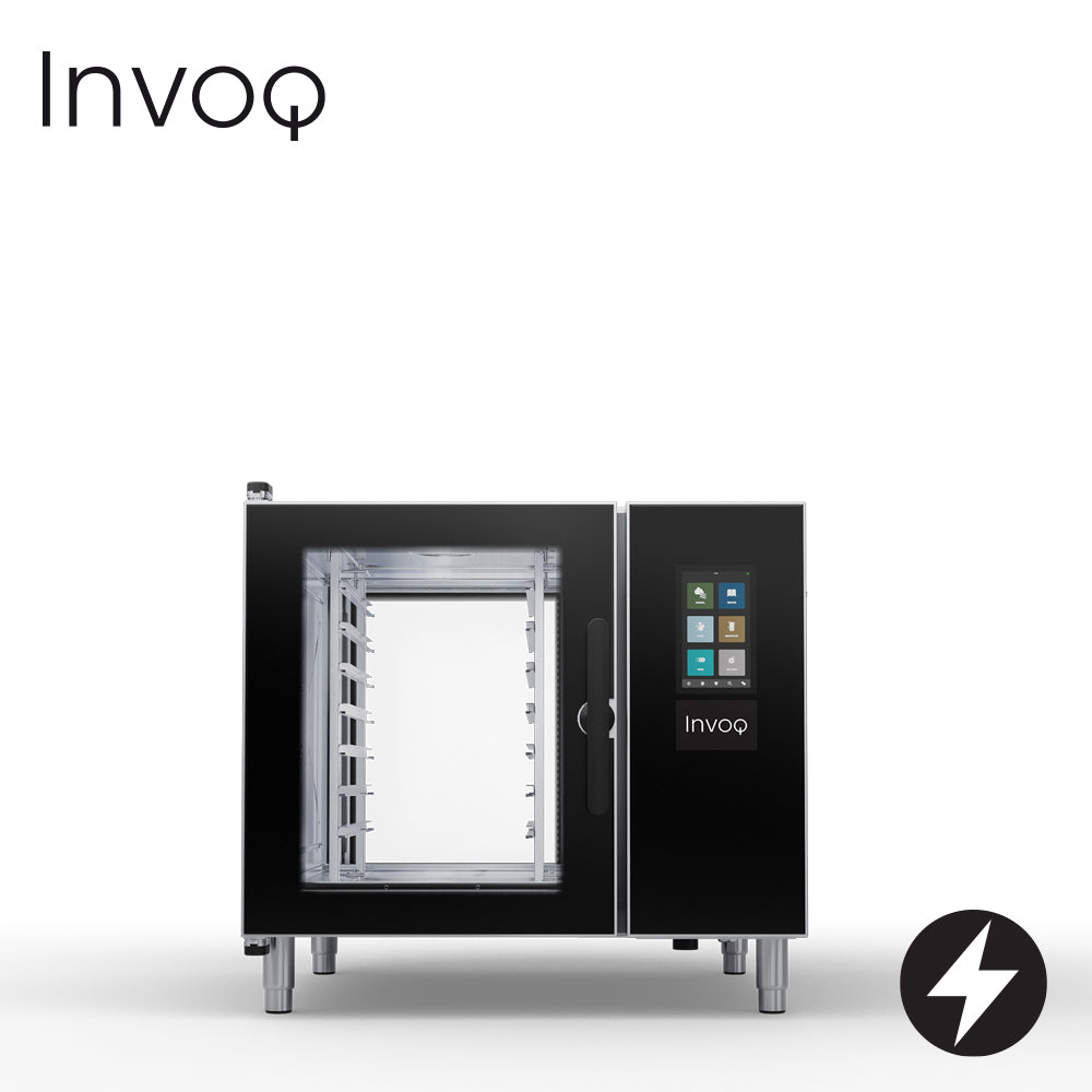 INVOQ Electric INVOQ HYBRID COMBI OVEN pass through, boiler with injection steam, 1/1 GN or optional 400x600 EN, 2-piece rack, 7 trays with 70 mm runners, 4.5 kg maximum food load per tray, 31.5 kg maximum food load per oven 6-1/1 GN PT