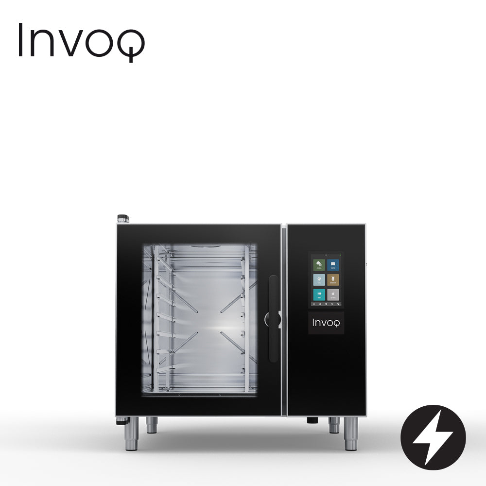 INVOQ Electric INVOQ HYBRID COMBI OVEN boiler with injection steam, 1/1 GN or optional 400x600 EN, 2-piece rack, 7 trays with 70 mm runners, 4.5 kg maximum food load per tray, 31.5 kg maximum food load per oven 6-1/1 GN