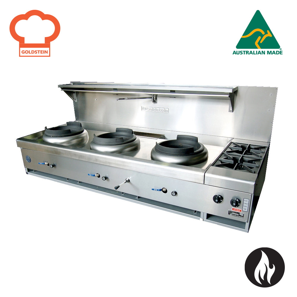 GOLDSTEIN GAS WOK 3 woks 356 mm diameter, 2 open burners, CWA2B2D/R dual ring burner 214 CWA3B2