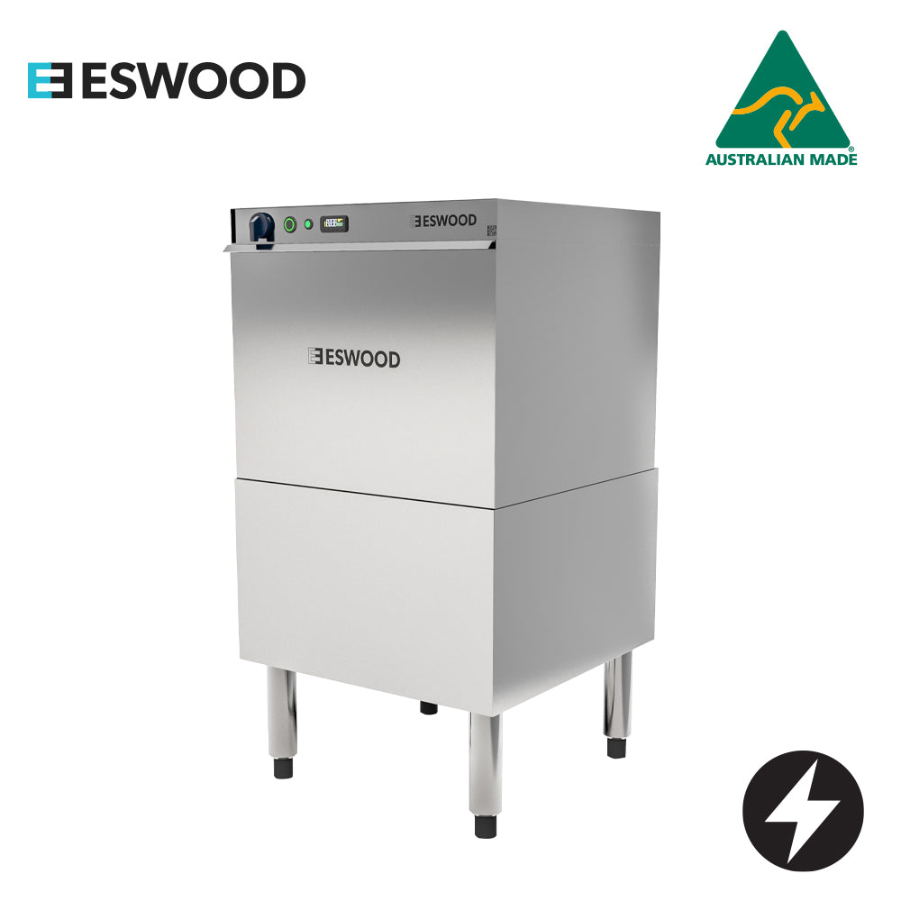 ESWOOD ELECTRIC UNDERCOUNTER up to 1800/hour glasses, wash cycle: 50 seconds hot cycle, 50 seconds hot & cold, tank capacity 12 litres, includes: 1 x flat rack 430 x 360mm, 1 x plate/saucer support, 1 x cutlery container  IW3N