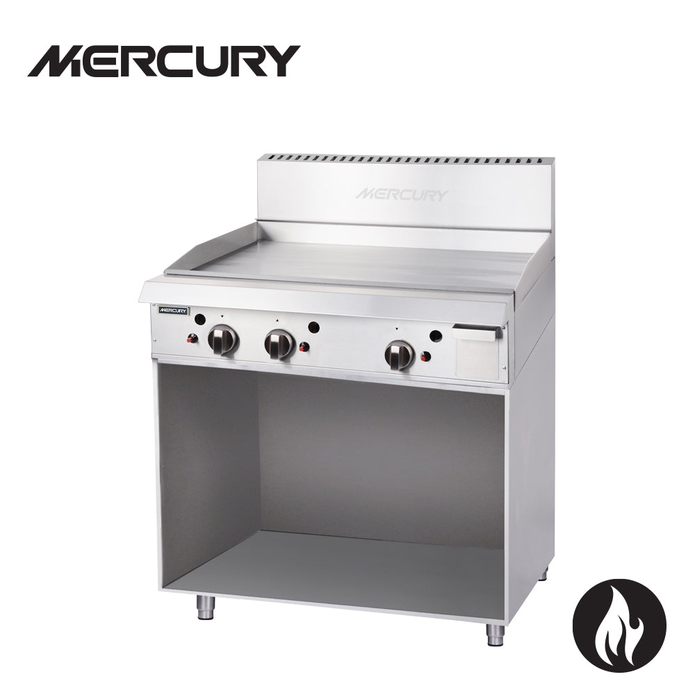MERCURY GAS GRIDDLE 3 'U' shape burners, 20 mm thick mild steel griddle plate, griddle surface 915 x 510 mm, supplied on welded enclosed cupboard stand 97.5 MGN-36-F
