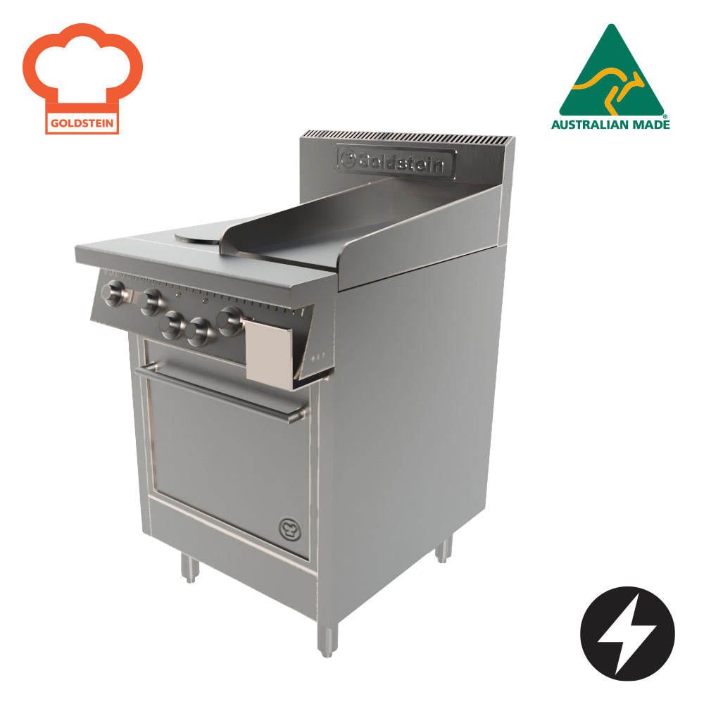 GOLDSTEIN ELECTRIC OVEN RANGE 2 x 2 kW solid plates, 305 x 520 x 12 mm griddle, 505 x 525 x 355 mm oven, *extra depth for fan motor only PE2S12G20FF