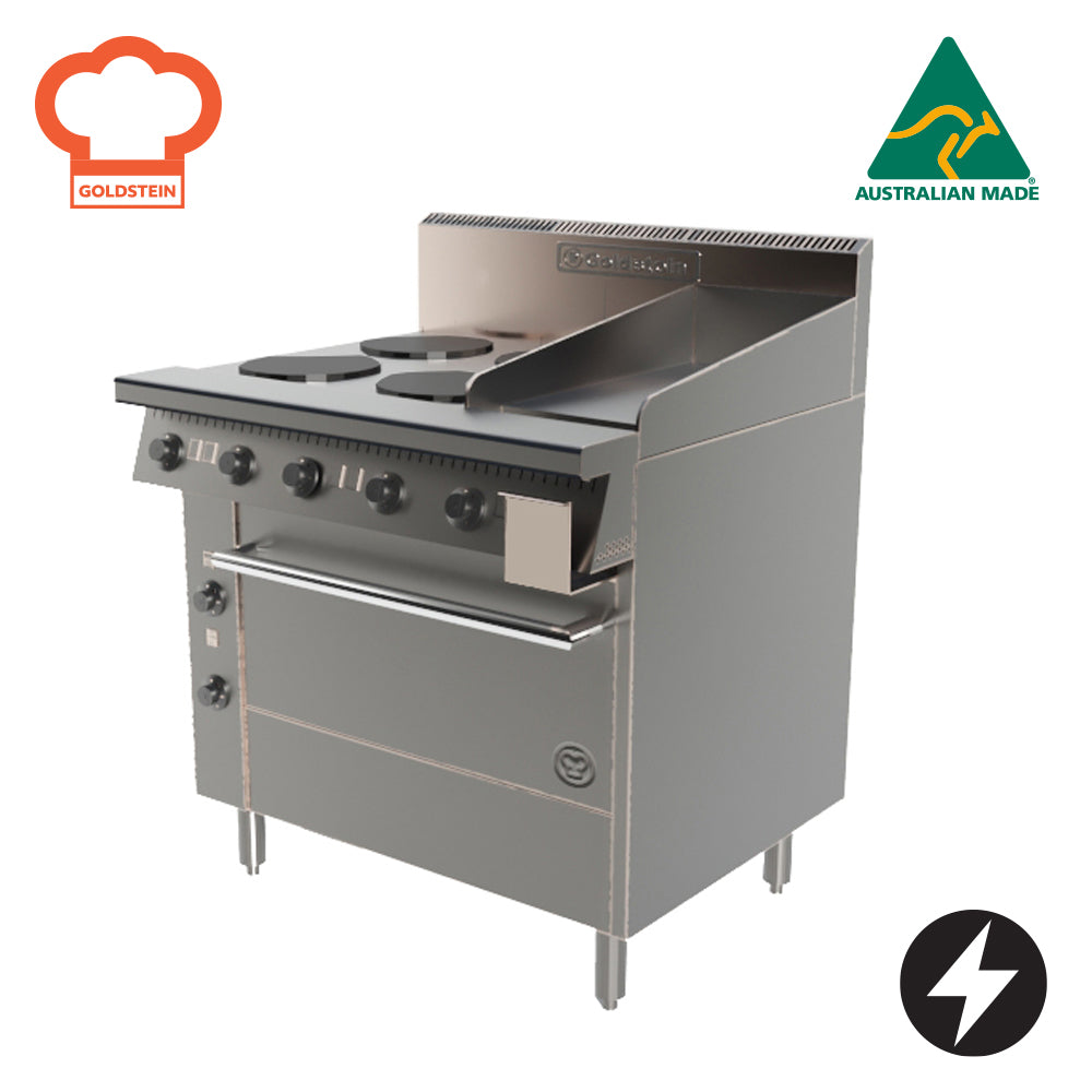 GOLDSTEIN ELECTRIC OVEN RANGE 4 x 2 kW solid plates, 305 x 520 x 12 mm griddle, 711 x 560 x 355 mm oven PE4S12G28