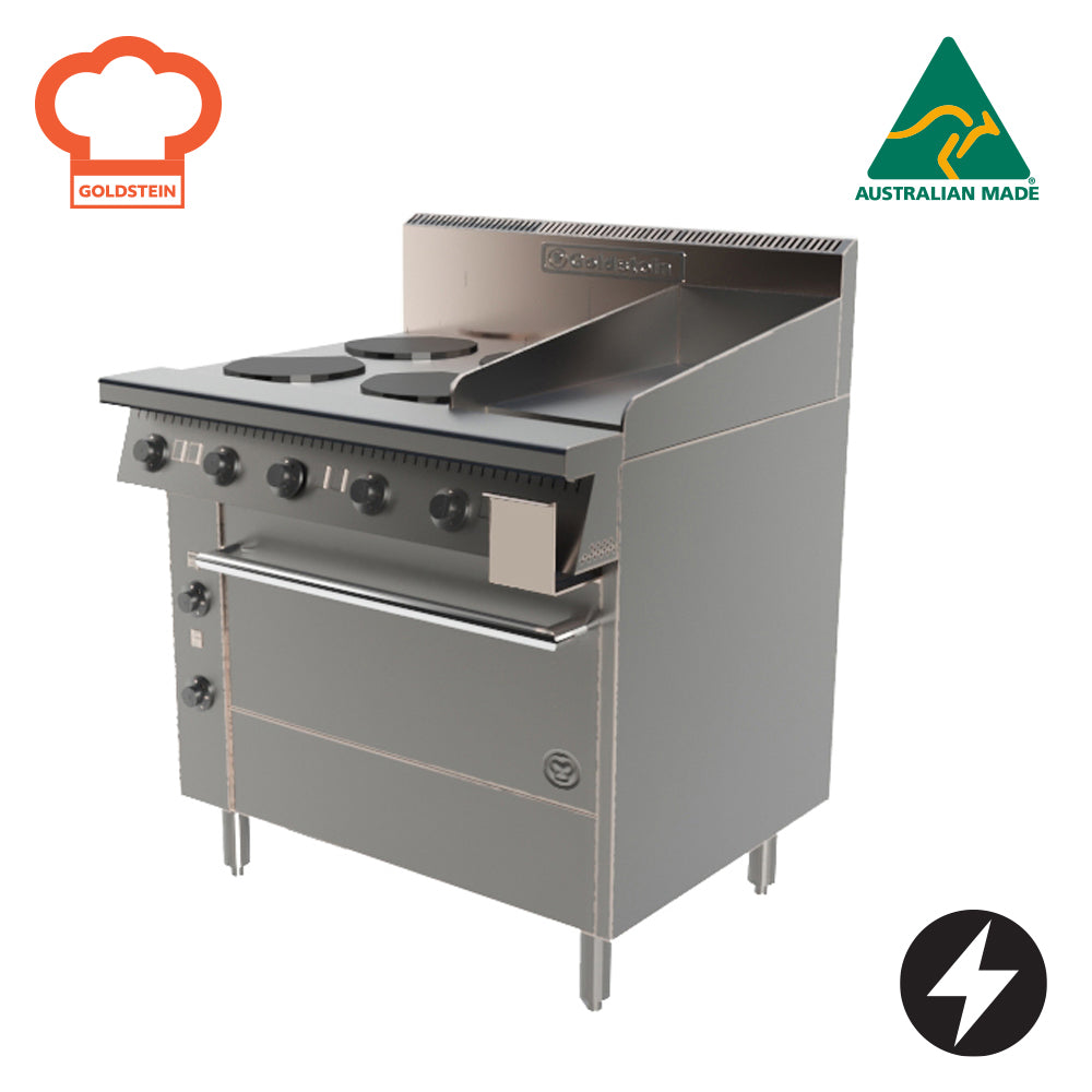 GOLDSTEIN ELECTRIC OVEN RANGE 4 x 2 kW solid plates, 305 x 520 x 12 mm griddle, 711 x 525 x 355 mm oven, *extra depth for fan motor only PE4S12G28FF