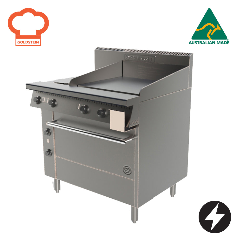 GOLDSTEIN ELECTRIC OVEN RANGE 2 x 2 kW solid plates, 610 x 520 x 12 mm griddle, 711 x 470 x 325 mm oven, *extra depth for fan motor only PEC2S24G28