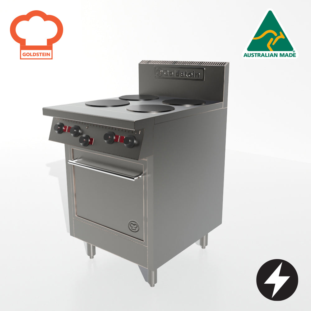GOLDSTEIN ELECTRIC OVEN RANGE 4 x 2 kW solid plates, oven 505 x 470 x 325 mm, stainless steel liner, *extra depth for fan motor only PEC4S20