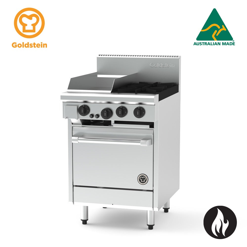 GOLDSTEIN GAS OVEN RANGE 2 burners, 305 x 520 x 20 mm griddle, 20'' fan forced electric oven 86/86 PF12G220EFF-X