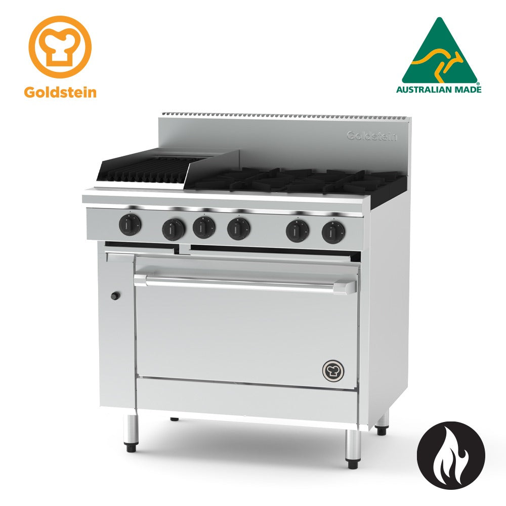 GOLDSTEIN GAS OVEN RANGE 4 burners, 305 x 510 mm BBQ, 28" fan forced gas oven 200/200 PF12Q428FF-X
