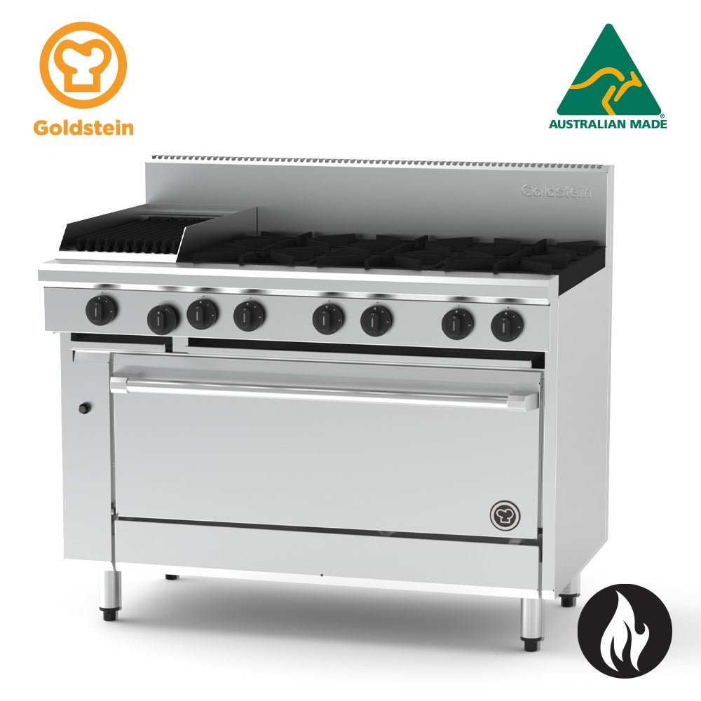 GOLDSTEIN GAS OVEN RANGE 6 burners, 305 x 510 BBQ , 40'' fan forced electric oven 238/236 PF12Q640EFF-X