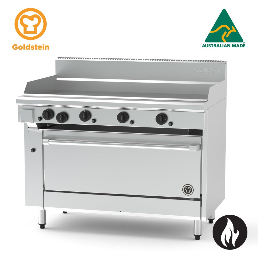 GOLDSTEIN GAS OVEN RANGE Jumbo gas range, 1219 x 520 x 20 mm griddle, 40'' fan forced gas oven 115/116 PF48G40FF-X
