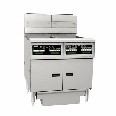 PITCO ELECTRIC SOLSTICE FRYER computer control, filter drawer on casters, flush hose, double fryer bank on casters SE14-C/FD/FF