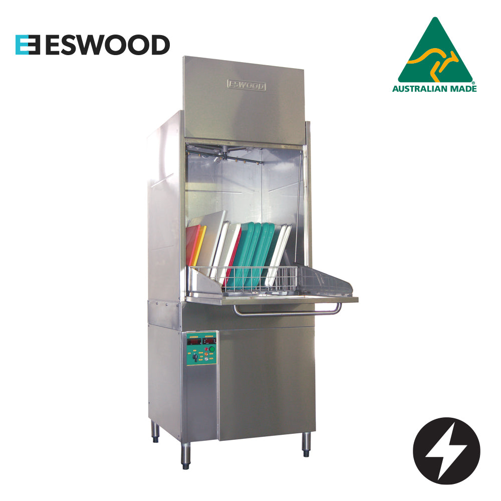 ESWOOD ELECTRIC FRONT LOAD wash and rinse pump, wash cycle times 2, 4 or 6 minutes, tank capacity 70 l, chamber opening up to 800 mm clear, takes standard Australian baking trays, garbage bins, large mixing bowls and stock pots  UT20H