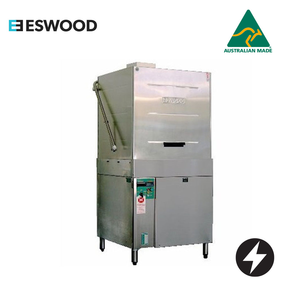 ESWOOD ELECTRIC PASS THROUGH wash and rinse pump, wash cycle times 2, 4 or 6 minutes, tank capacity 70 l, chamber opening up to 540 mm clear, takes standard Australian baking trays, garbage bins, large mixing bowls and stock pots  UT20P