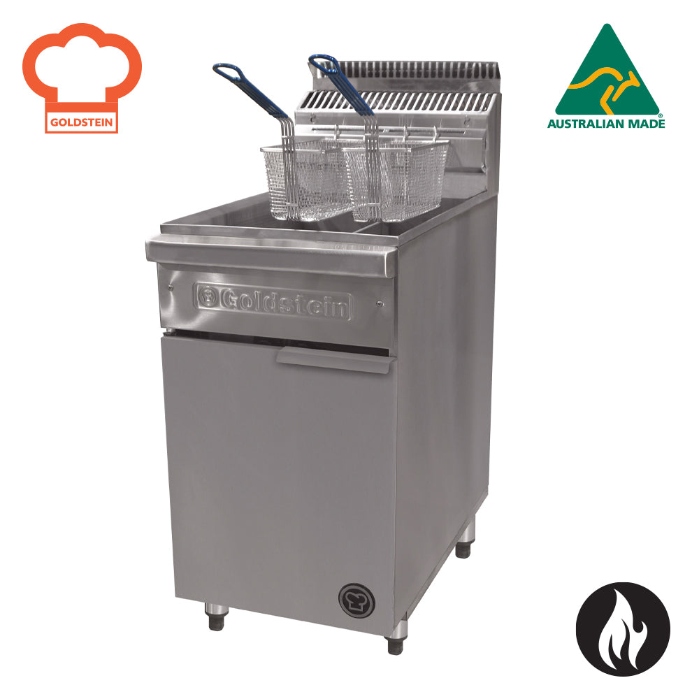 GOLDSTEIN GAS FRYER split pan fryer, two half pans, pan size 176 x 353 x 300 mm 2 OFF, one basket per pan, 16 ltr. capacity per pan 105 VFGTL