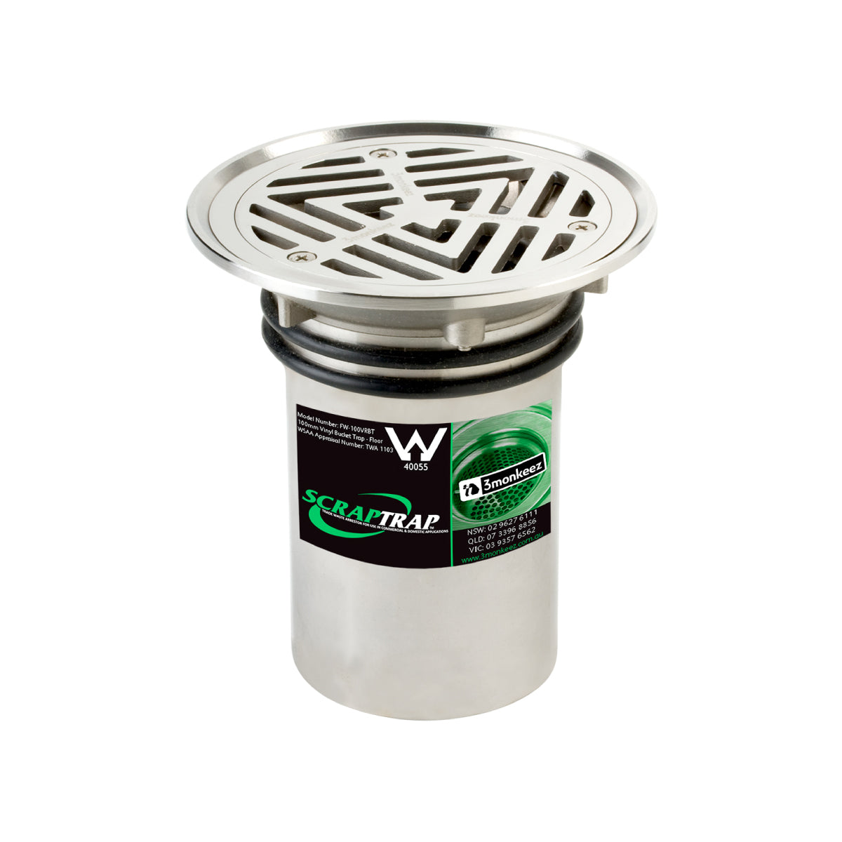 3monkeez 100mm Vinyl Floor Waste Arrestor (suits 100mm pipe) FW-100VRBT