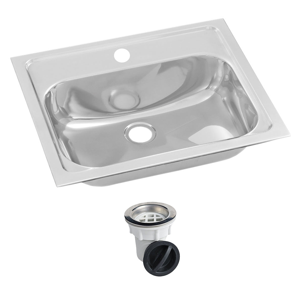 3monkeez Inset Stainless Steel Hand Basin - 1 Tap Hole and Plug and Waste. HBF01-KIT-1
