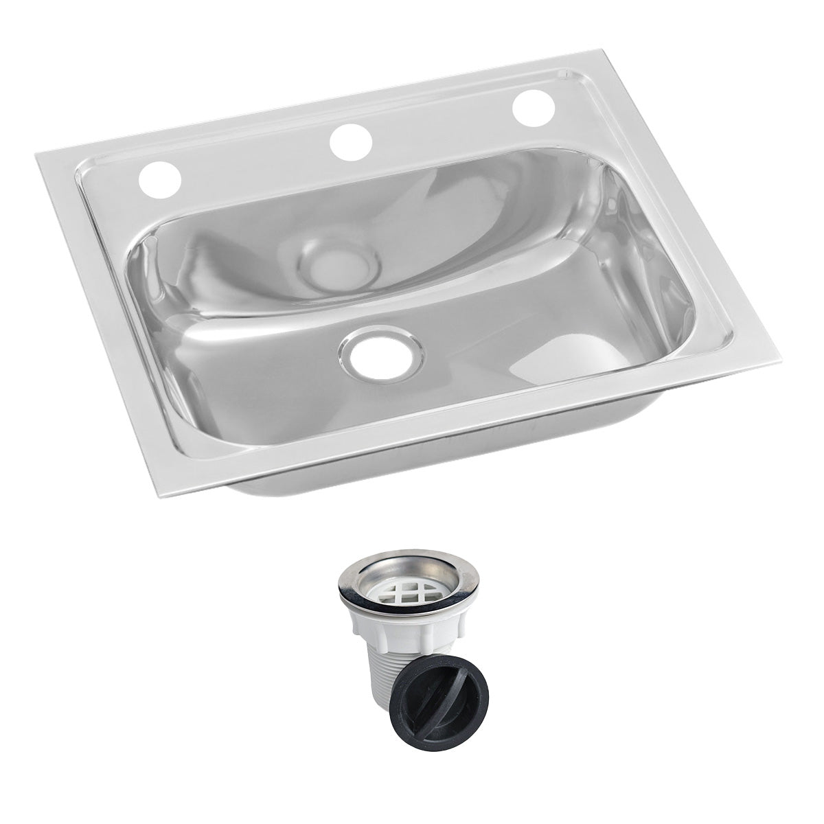 3monkeez Inset Stainless Steel Hand Basin - 3 Tap Hole and Plug and Waste. HBF01-KIT-3