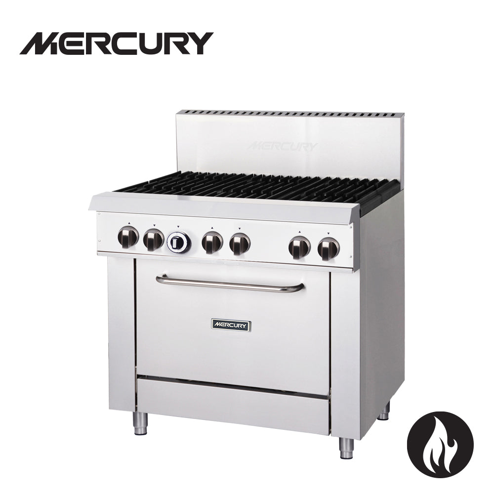 MERCURY GAS OVEN RANGE 6, 32 MJ burners, gas static oven size 675 x 415 x 355 mm, rack size 635 x 560 mm, GN2/1,2 racks, drop down door 221.5/227.5 M36S-6F