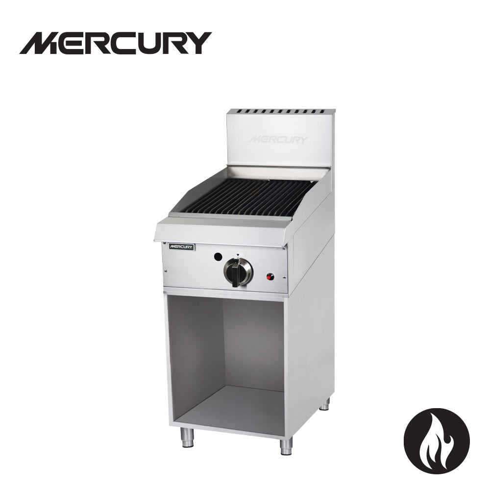 MERCURY GAS CHARBROILER 1 'U' shape burner, heavy duty cast iron grilling grates, grill size 377 x 510 mm, supplied on welded enclosed cupboard stand 32.5 MCN-15-FR