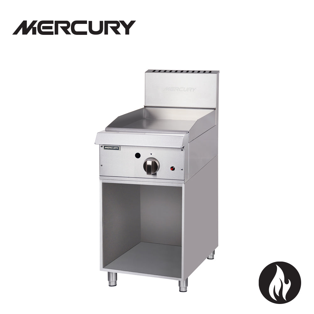 MERCURY GAS GRIDDLE 1 'U' shape burner, 20 mm thick mild steel griddle plate, griddle surface 381 x 510 mm, supplied on welded enclosed cupboard stand 32.5 MGN-15-F