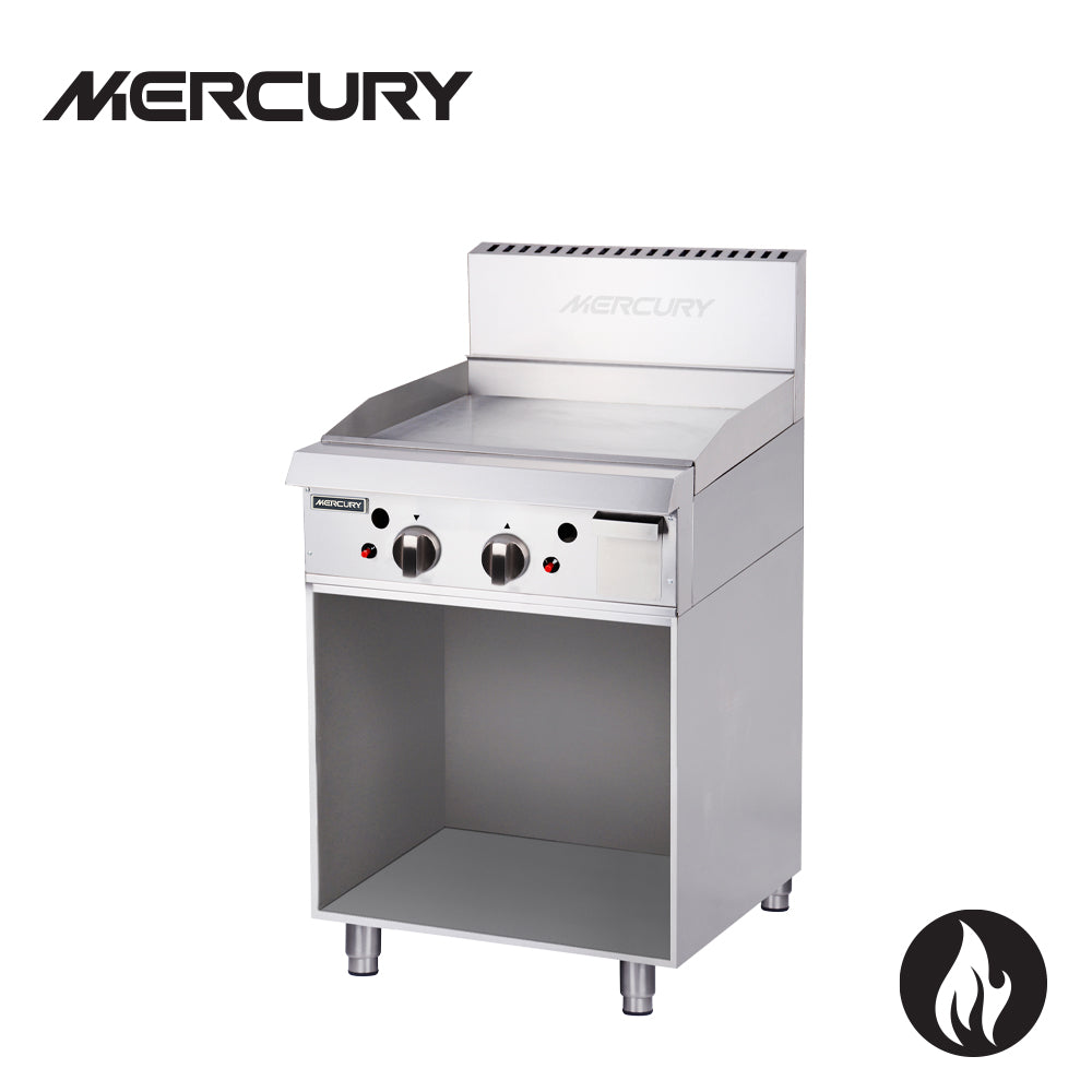 MERCURY GAS GRIDDLE 2 'U' shape burners, 20 mm thick mild steel griddle plate, griddle surface 610 x 510 mm, supplied on welded enclosed cupboard stand 65 MGN-24-F