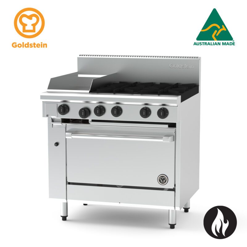 Goldstein 4 burners, 305 x 520 x 20 mm griddle, 28" fan forced gas oven PF12G428FF-X