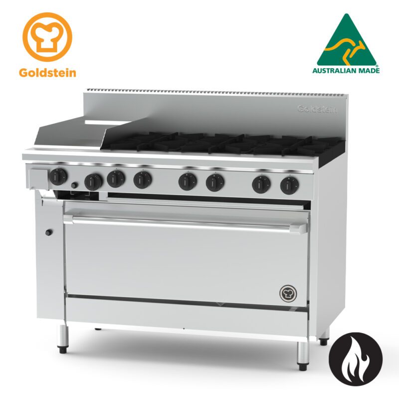 Goldstein 6 burners, 305 x 520 x 20mm griddle, 40” fan forced electric oven PF12G640EFF-X