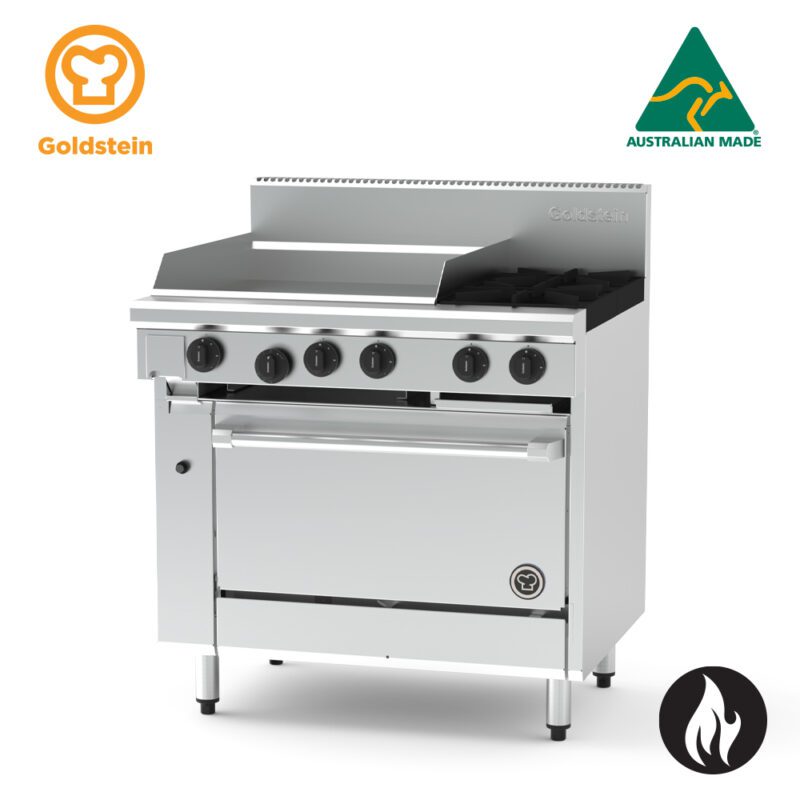 Goldstein 2 burners, 610 x 520 x 20 mm griddle, 28" fan forced electric oven PF24G228EFF-X