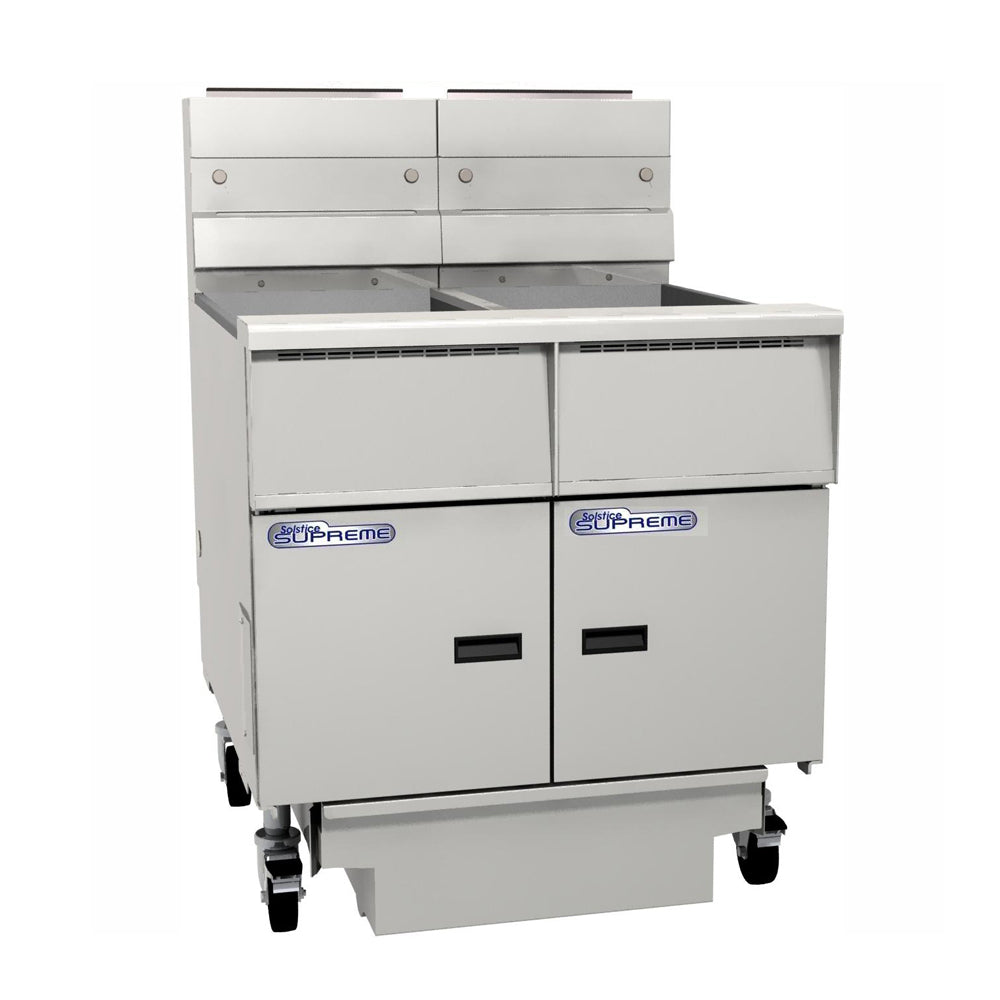 PITCO ELECTRIC SOLSTICE FRYER solid state control , filter drawer on casters, flush hose, double fryer bank on casters  SE14-FD/FF