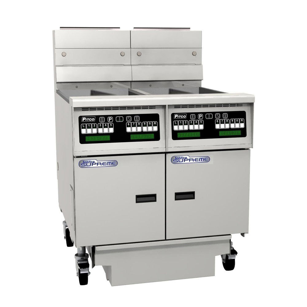 PITCO ELECTRIC SOLSTICE FRYER split tank , computer control, filter drawer on casters, flush hose, double fryer bank on casters  SE14T-C/FD/FF