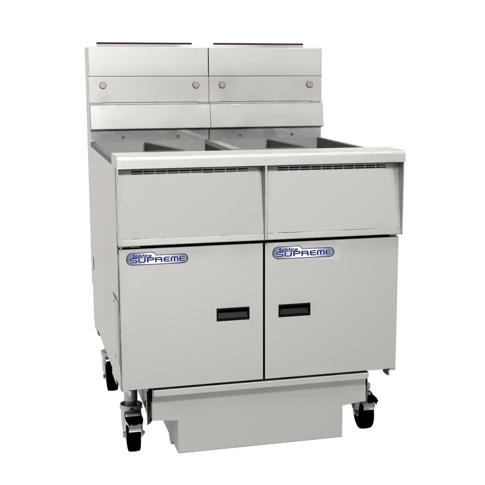 PITCO ELECTRIC SOLSTICE FRYER split tank, solid state control, filter drawer on casters, flush hose, double fryer bank on casters  SE14T-FD/FF