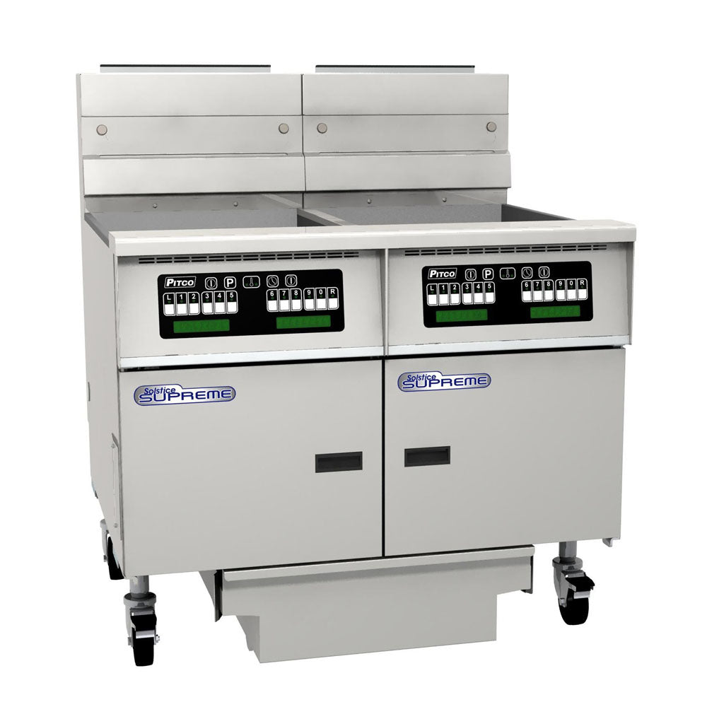 PITCO ELECTRIC SOLSTICE FRYER computer control, filter drawer, flush hose, double fryer bank on casters  SE18-C/FD/FF