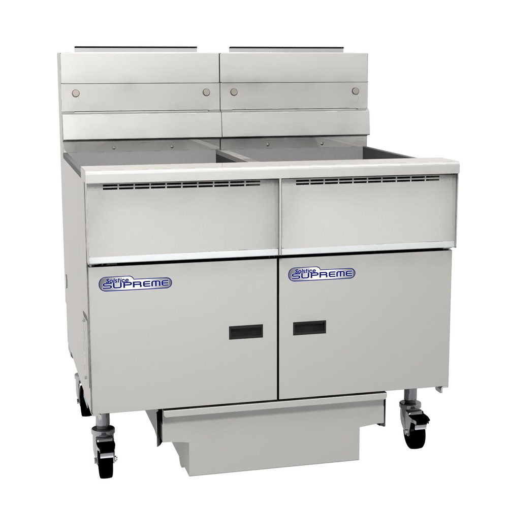 PITCO ELECTRIC SOLSTICE FRYER solid state control, filter drawer, flush hose, double fryer bank on casters  SE18-FD/FF