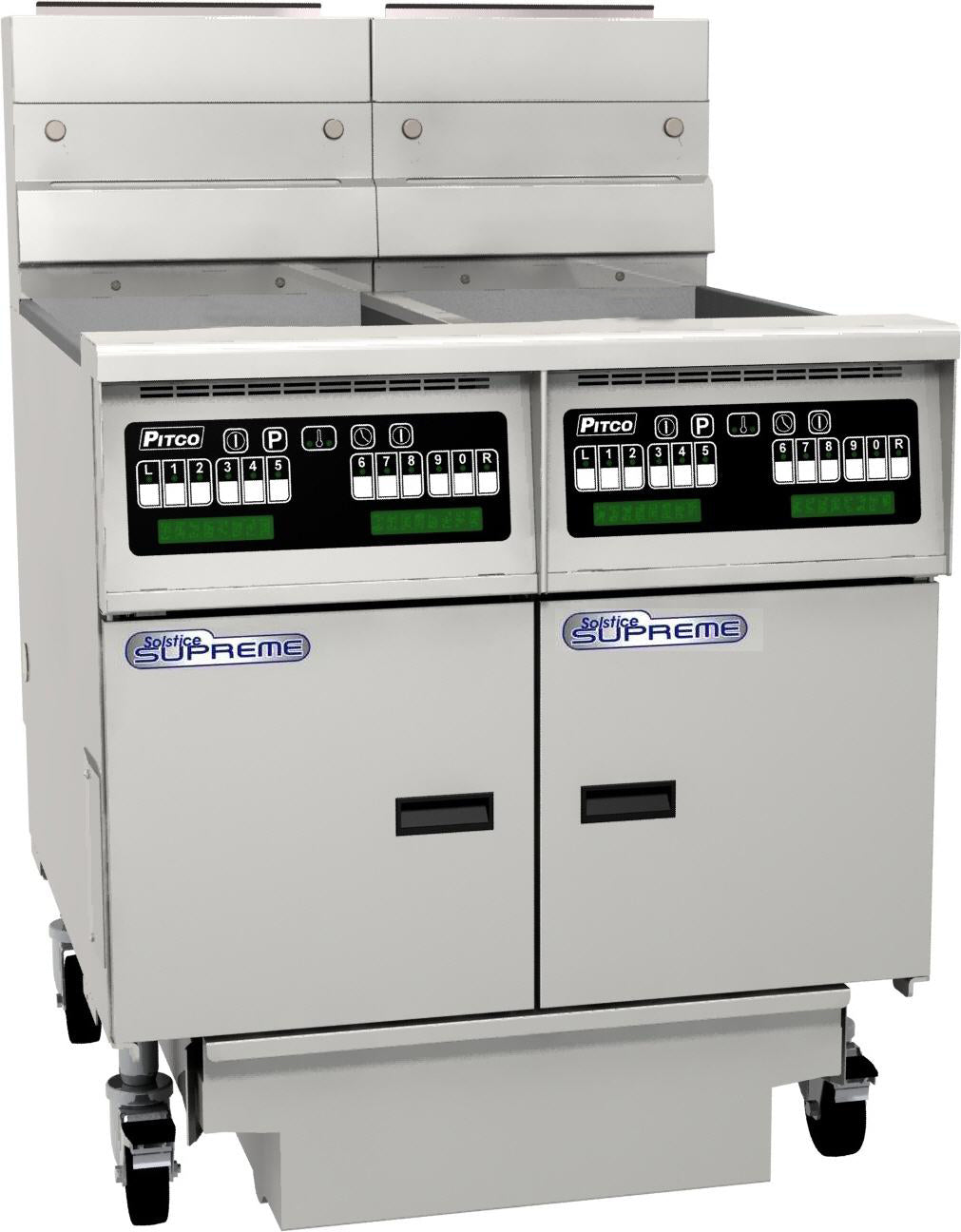 PITCO GAS SOLSTICE SUPREME FRYER computer control, filter drawer on casters, flush hose, double fryer bank on casters 176 SSH55-C/FD/FF
