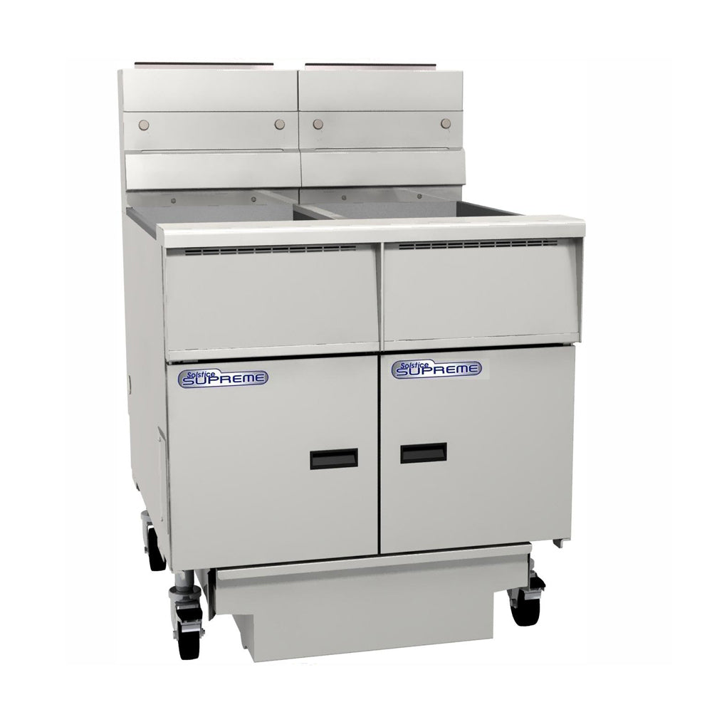 PITCO GAS SOLSTICE SUPREME FRYER solid state control, filter drawer on casters, flush hose, double fryer bank on casters 176 SSH55-FD/FF