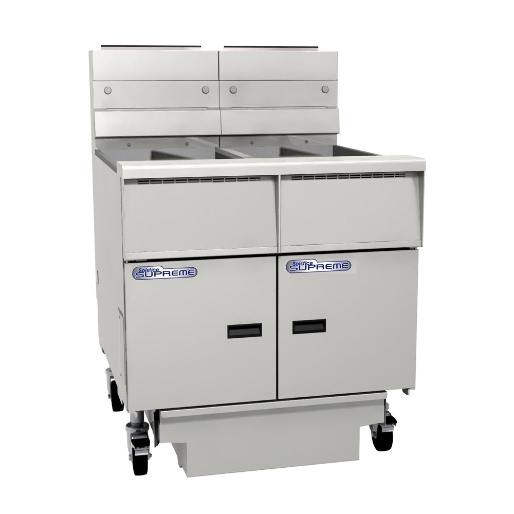 PITCO GAS SOLSTICE SUPREME FRYER split tank, solid state control, filter drawer on casters, flush hose, double fryer bank on casters 44MJ/per tank SSH55T-FD/FF