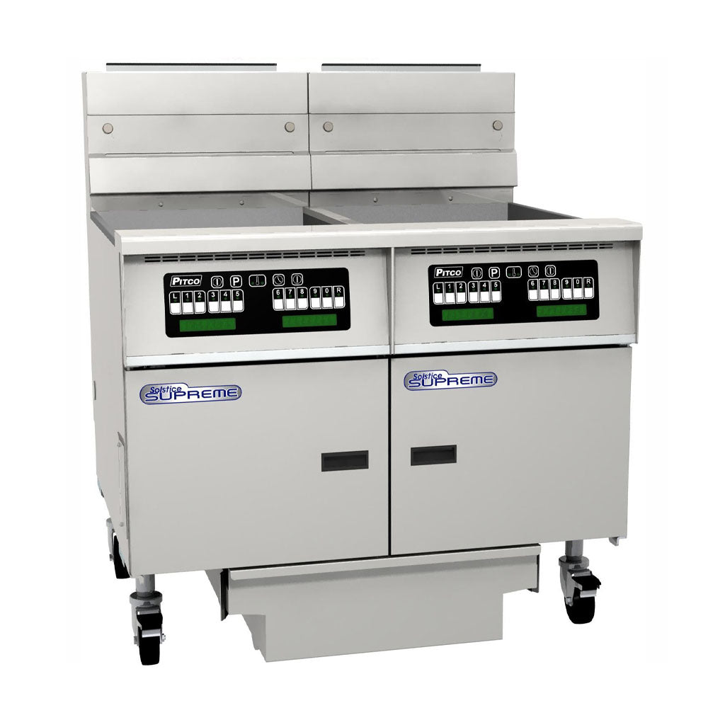 PITCO GAS SOLSTICE SUPREME FRYER computer control, filter drawer on casters, flush hose, double fryer bank on casters 116 SSH75-C/FD/FF