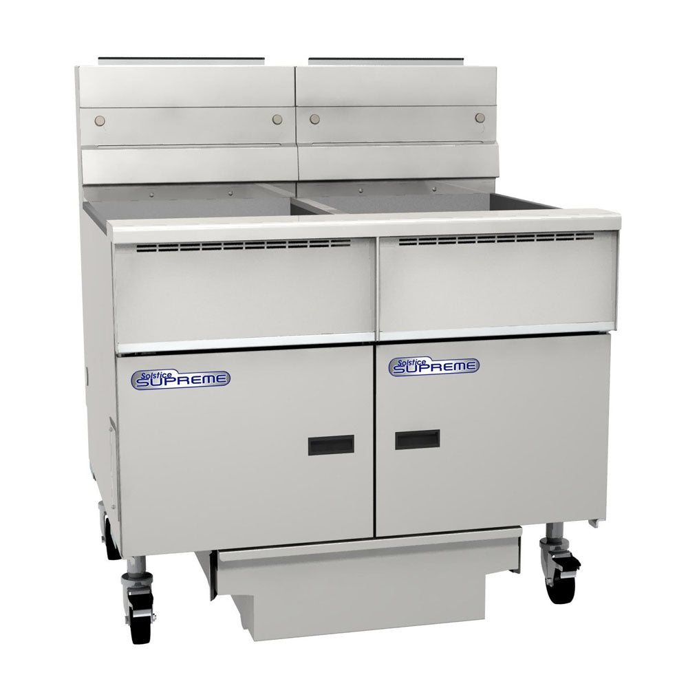 PITCO GAS SOLSTICE SUPREME FRYER solid state control, filter drawer on casters, flush hose, double fryer bank on casters 116 SSH75-FD/FF